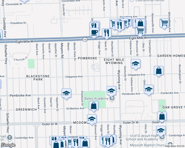 map of restaurants, bars, coffee shops, grocery stores, and more near 20103 Birwood Street in Detroit