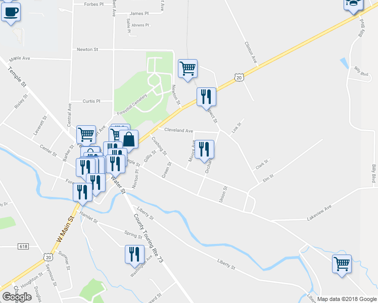 map of restaurants, bars, coffee shops, grocery stores, and more near 27 Moore Avenue in Fredonia