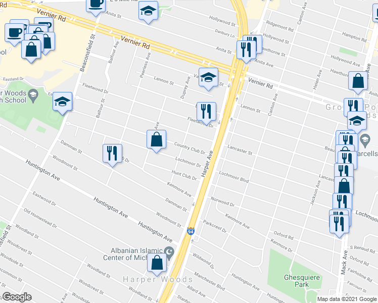 map of restaurants, bars, coffee shops, grocery stores, and more near 20624 Country Club Drive in Harper Woods