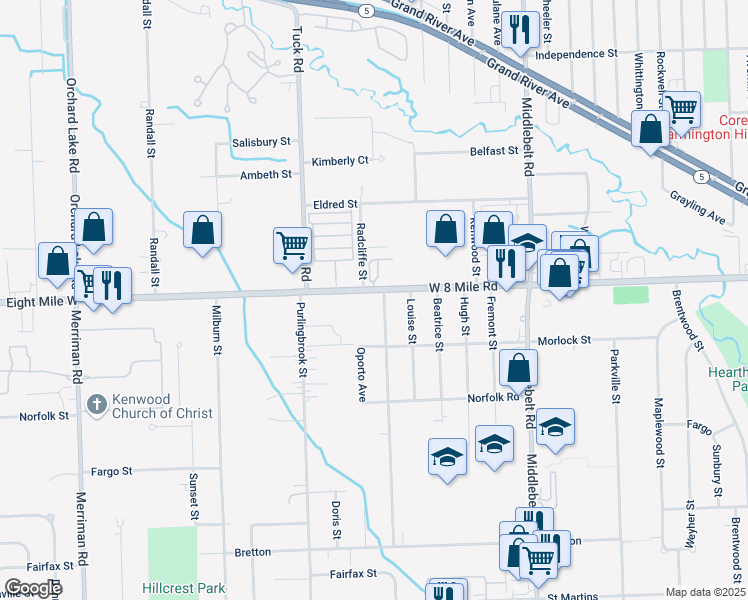 map of restaurants, bars, coffee shops, grocery stores, and more near 30029 Eight Mile West in Livonia
