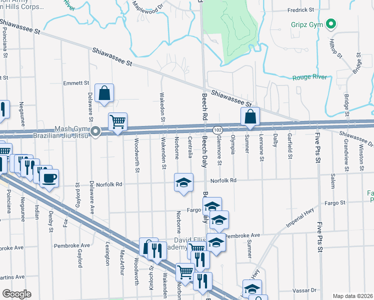 map of restaurants, bars, coffee shops, grocery stores, and more near 20523 Centralia in Redford Charter Township