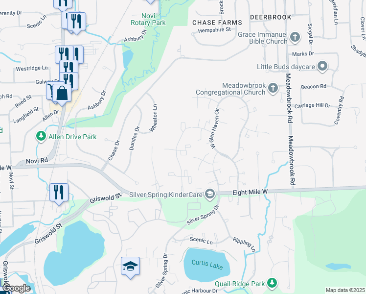 map of restaurants, bars, coffee shops, grocery stores, and more near 21080 Woodland Glen Drive in Northville