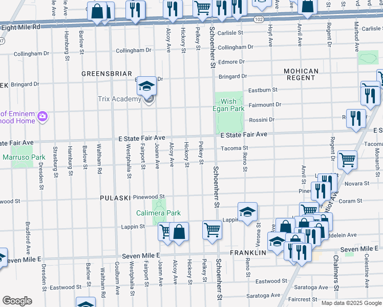 map of restaurants, bars, coffee shops, grocery stores, and more near 13410 Tacoma Street in Detroit