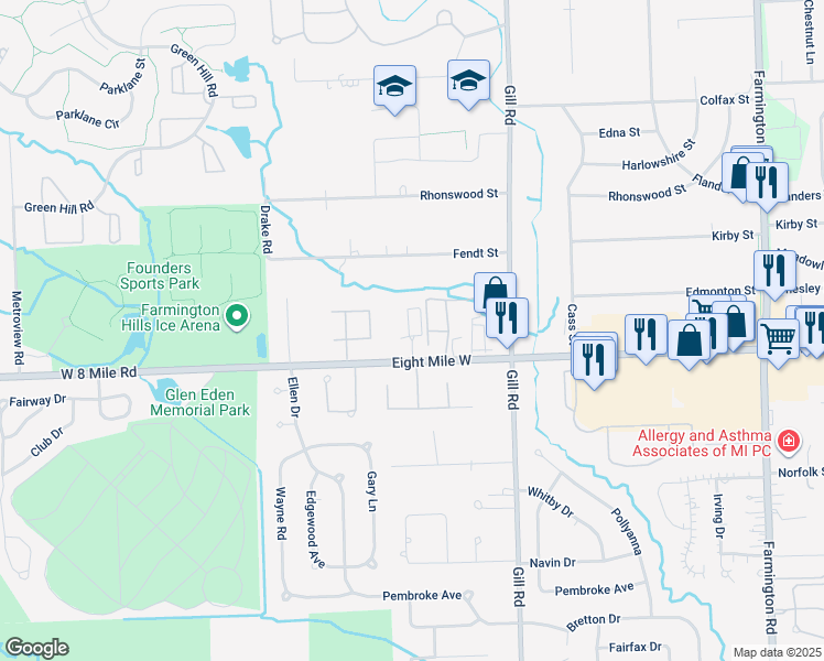 map of restaurants, bars, coffee shops, grocery stores, and more near 34820 West 8 Mile Road in Farmington Hills
