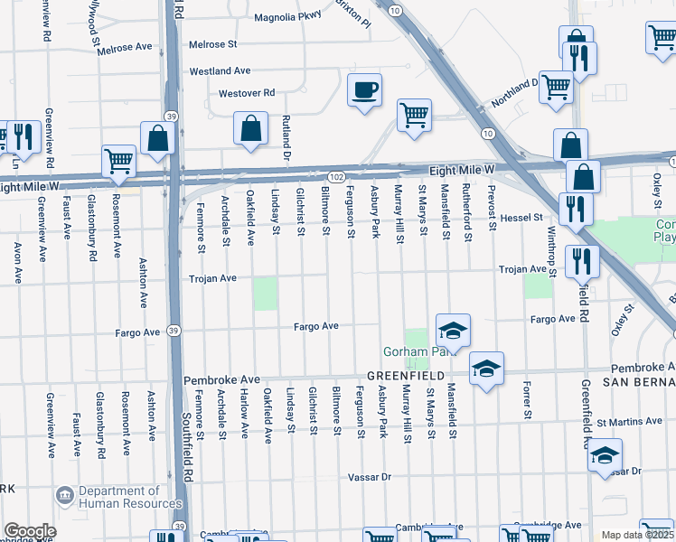 map of restaurants, bars, coffee shops, grocery stores, and more near 17098-16900 Trojan Avenue in Detroit