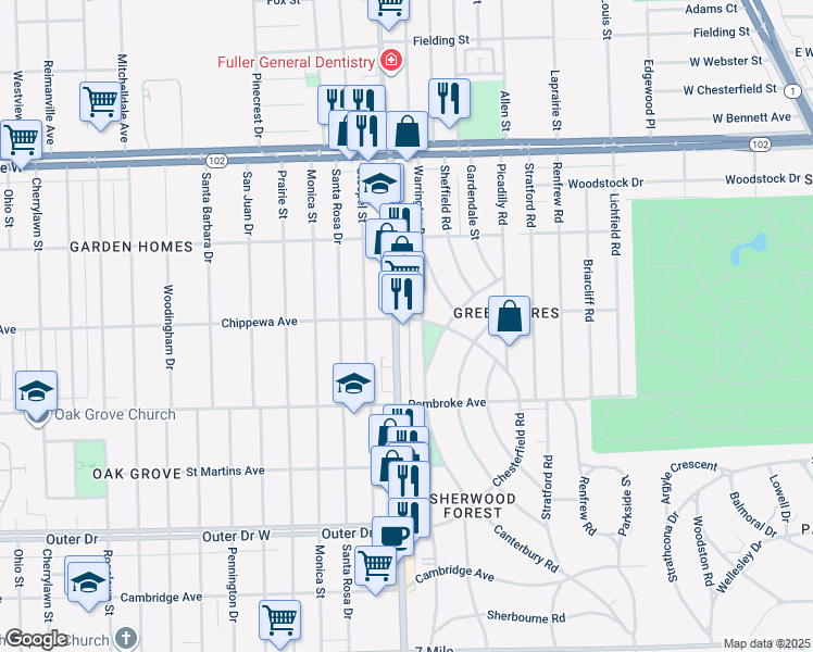 map of restaurants, bars, coffee shops, grocery stores, and more near in Detroit