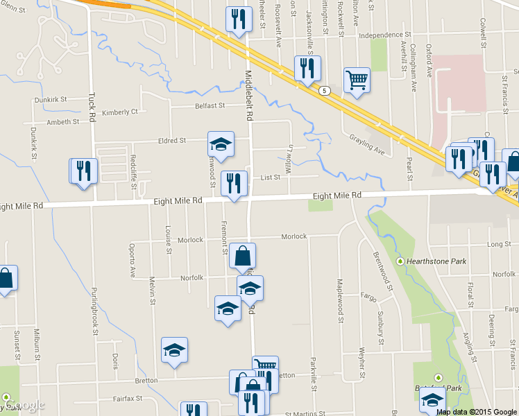 map of restaurants, bars, coffee shops, grocery stores, and more near 29321 Eight Mile Road in Livonia