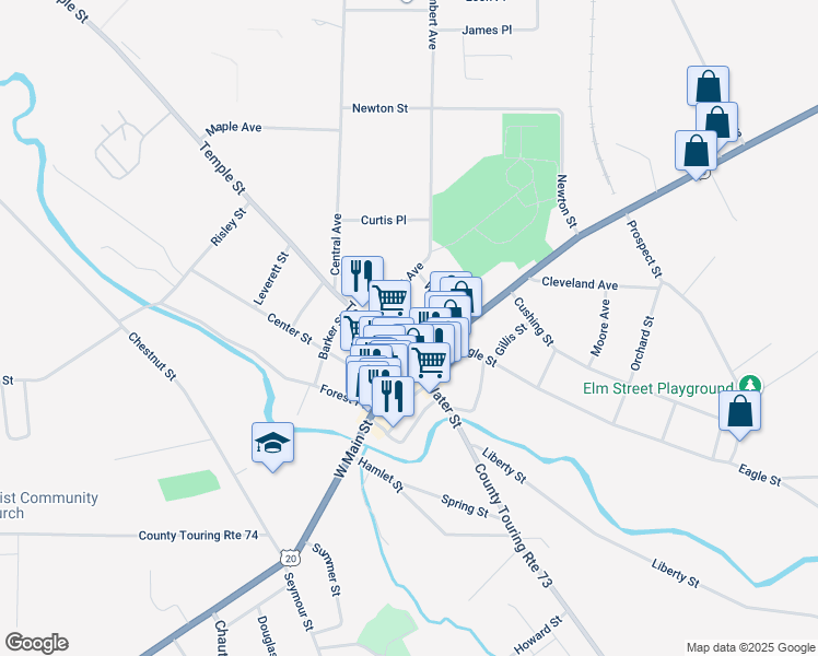 map of restaurants, bars, coffee shops, grocery stores, and more near 21 Day Street in Fredonia