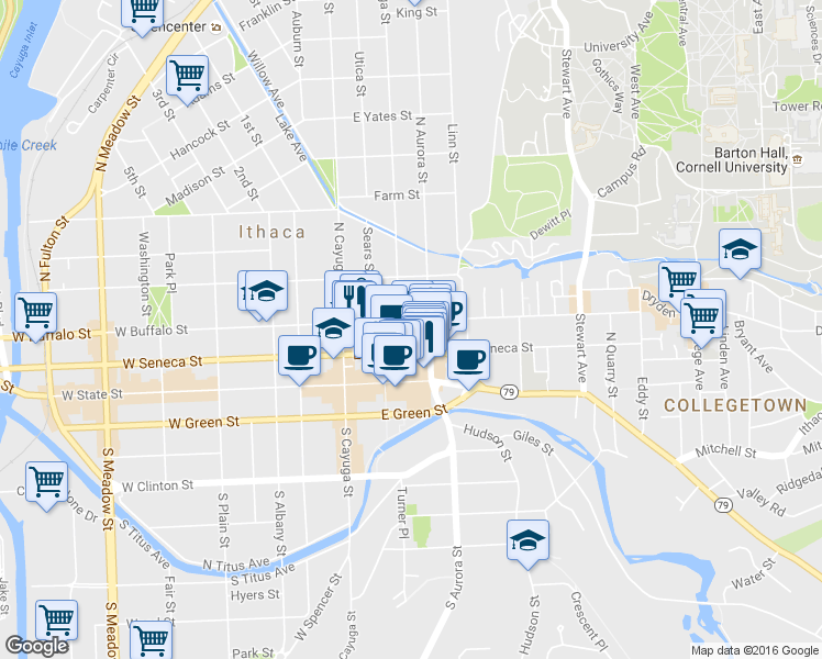 map of restaurants, bars, coffee shops, grocery stores, and more near 213 North Tioga Street in Ithaca
