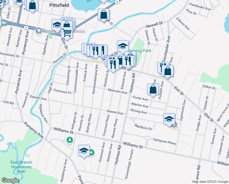 map of restaurants, bars, coffee shops, grocery stores, and more near 75 Livingston Avenue in Pittsfield