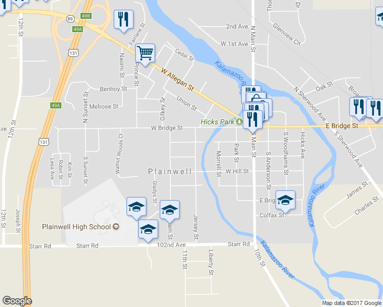 map of restaurants, bars, coffee shops, grocery stores, and more near 222 Jersey Street in Plainwell