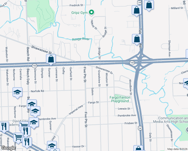 map of restaurants, bars, coffee shops, grocery stores, and more near 20490 Salem in Detroit