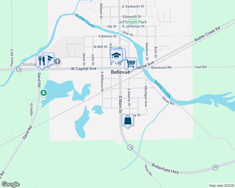 map of restaurants, bars, coffee shops, grocery stores, and more near 331 South Main Street in Bellevue