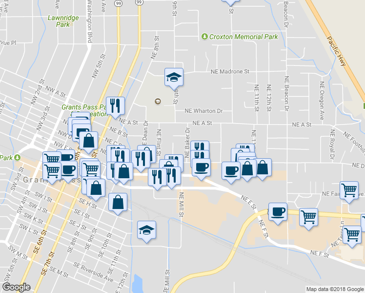 map of restaurants, bars, coffee shops, grocery stores, and more near 424 Northeast Baker Drive in Grants Pass