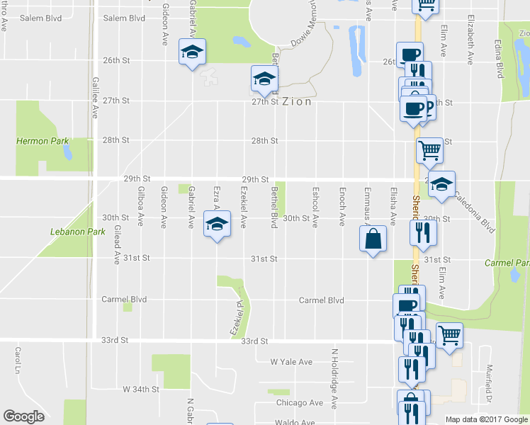 map of restaurants, bars, coffee shops, grocery stores, and more near 2940 Bethel Boulevard in Zion