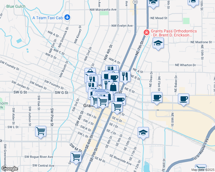 map of restaurants, bars, coffee shops, grocery stores, and more near 118 Northwest E Street in Grants Pass