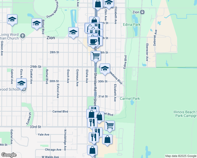 map of restaurants, bars, coffee shops, grocery stores, and more near 2935 Sheridan Road in Zion
