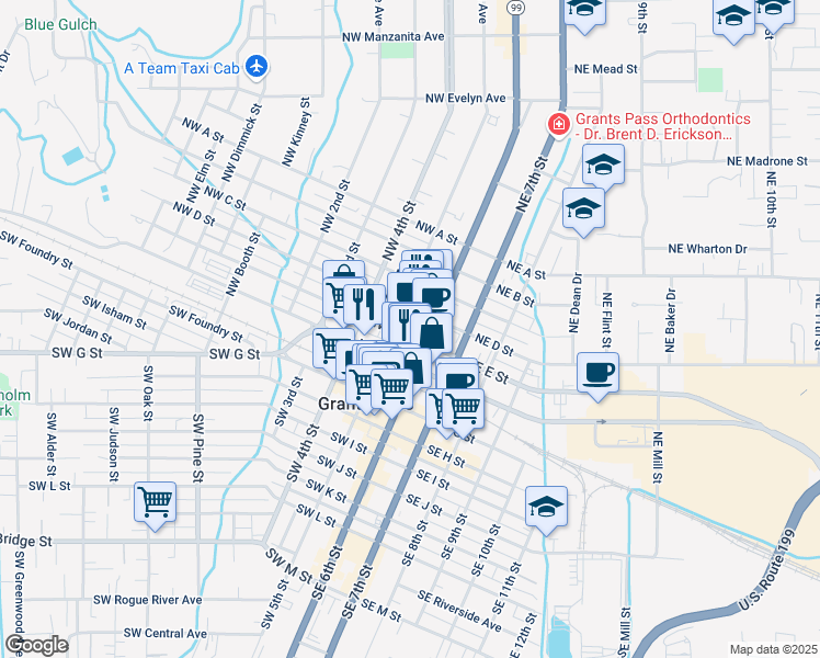 map of restaurants, bars, coffee shops, grocery stores, and more near 118 Northwest E Street in Grants Pass