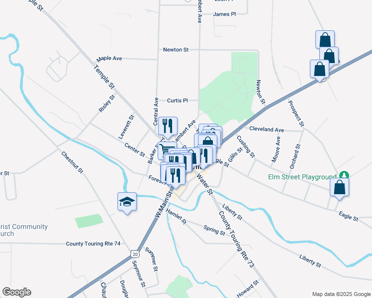 map of restaurants, bars, coffee shops, grocery stores, and more near 21 Day Street in Fredonia