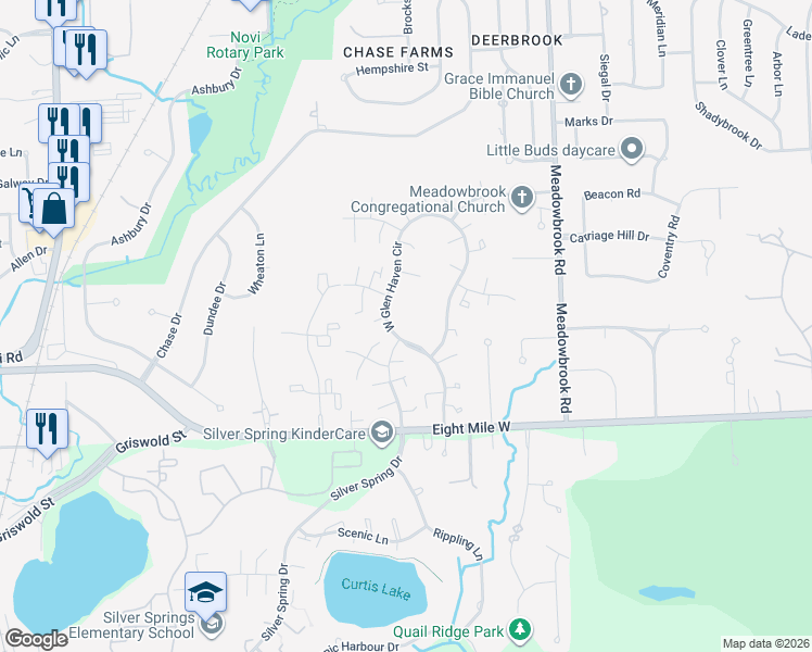map of restaurants, bars, coffee shops, grocery stores, and more near 21100 West Glen Haven Circle in Northville