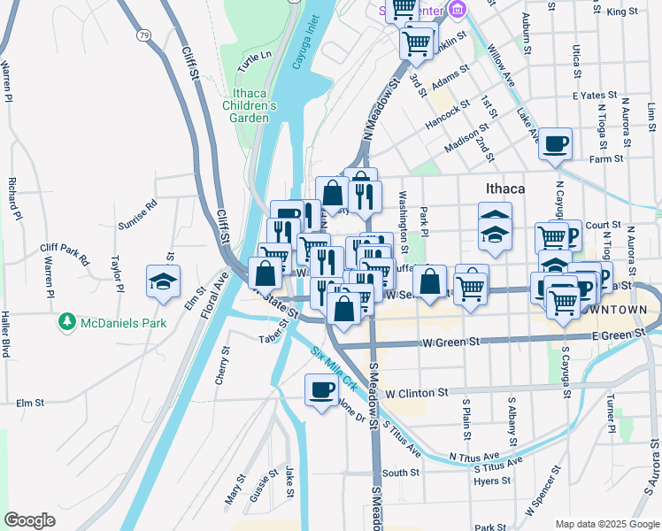 map of restaurants, bars, coffee shops, grocery stores, and more near in Ithaca