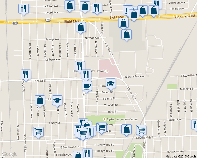 map of restaurants, bars, coffee shops, grocery stores, and more near 4656 Outer Drive East in Detroit