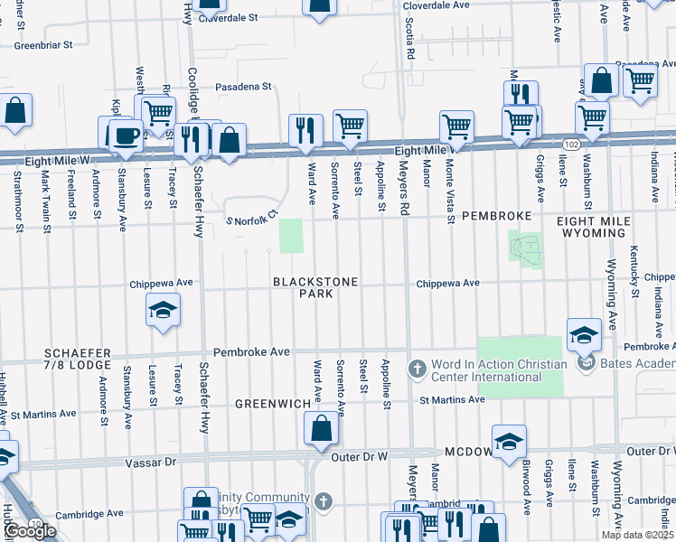 map of restaurants, bars, coffee shops, grocery stores, and more near 20112 Ward Avenue in Detroit