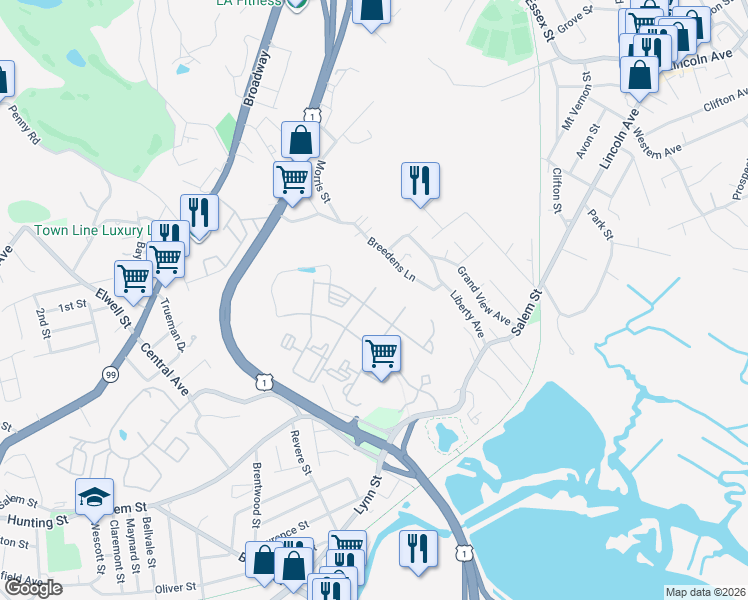 map of restaurants, bars, coffee shops, grocery stores, and more near 21 Overlook Ridge Terrace in Revere