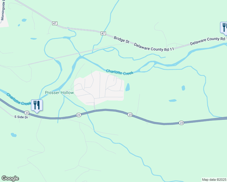 map of restaurants, bars, coffee shops, grocery stores, and more near Hillcrest Lane in Oneonta