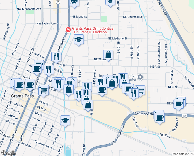 map of restaurants, bars, coffee shops, grocery stores, and more near 424 Northeast Baker Drive in Grants Pass