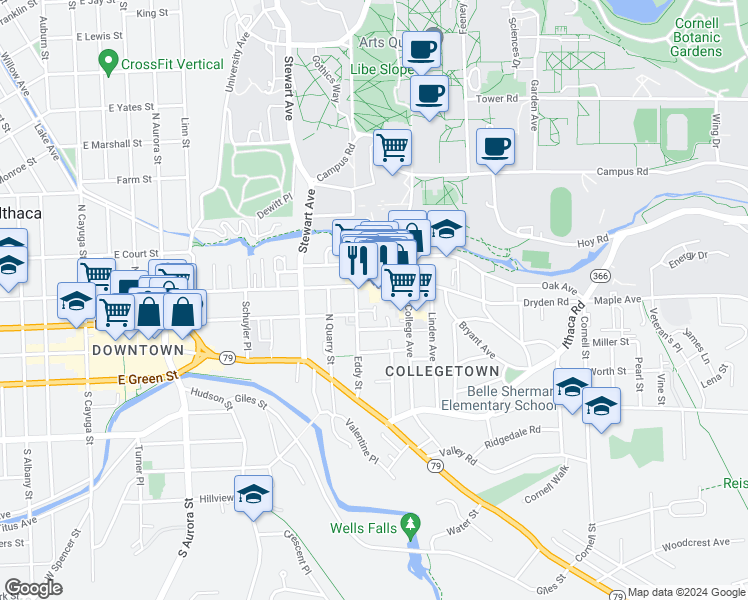 map of restaurants, bars, coffee shops, grocery stores, and more near 111 Dryden Road in Ithaca