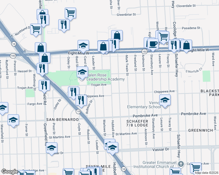 map of restaurants, bars, coffee shops, grocery stores, and more near 20156 Marlowe St in Detroit