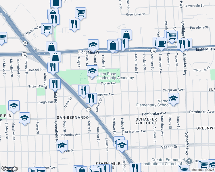 map of restaurants, bars, coffee shops, grocery stores, and more near 20153 Lauder Street in Detroit