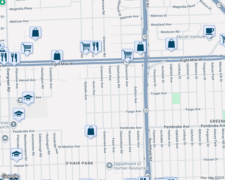 map of restaurants, bars, coffee shops, grocery stores, and more near 20210 Faust Avenue in Detroit