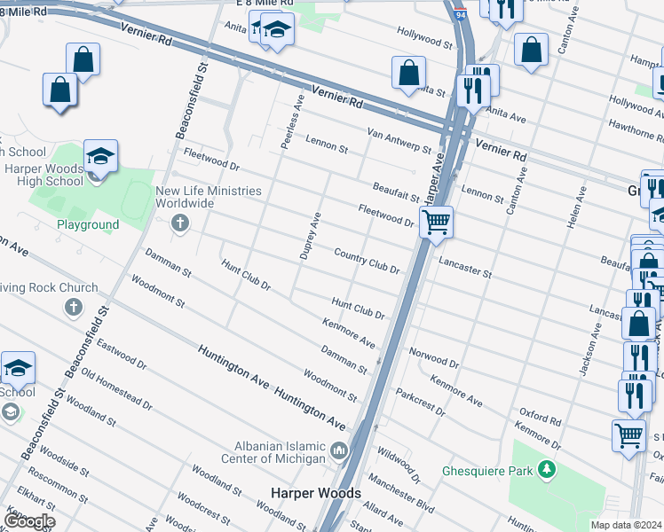 map of restaurants, bars, coffee shops, grocery stores, and more near 20465 Lochmoor Street in Harper Woods