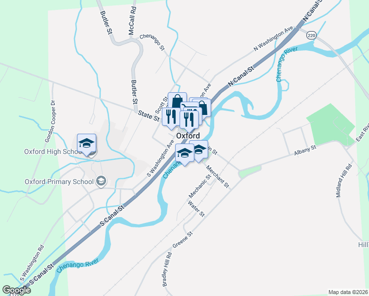 map of restaurants, bars, coffee shops, grocery stores, and more near 3 South Canal Street in Oxford