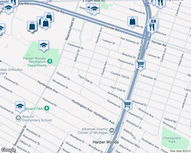 map of restaurants, bars, coffee shops, grocery stores, and more near 20268 Lochmoor Street in Harper Woods