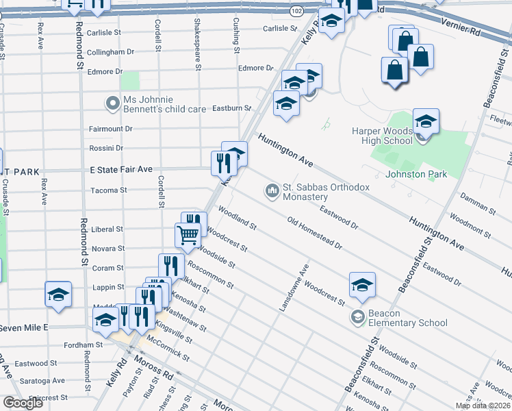map of restaurants, bars, coffee shops, grocery stores, and more near 18646 Old Homestead Drive in Harper Woods