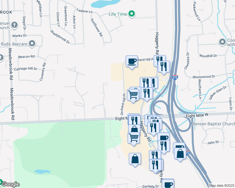 map of restaurants, bars, coffee shops, grocery stores, and more near 39640 Orchard Hill Place in Novi
