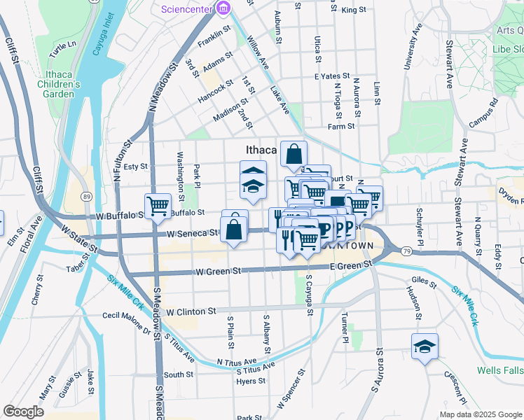 map of restaurants, bars, coffee shops, grocery stores, and more near 300 West Buffalo Street in Ithaca