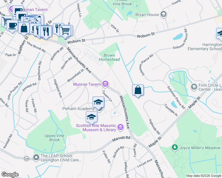 map of restaurants, bars, coffee shops, grocery stores, and more near 1323 Massachusetts Ave in Lexington