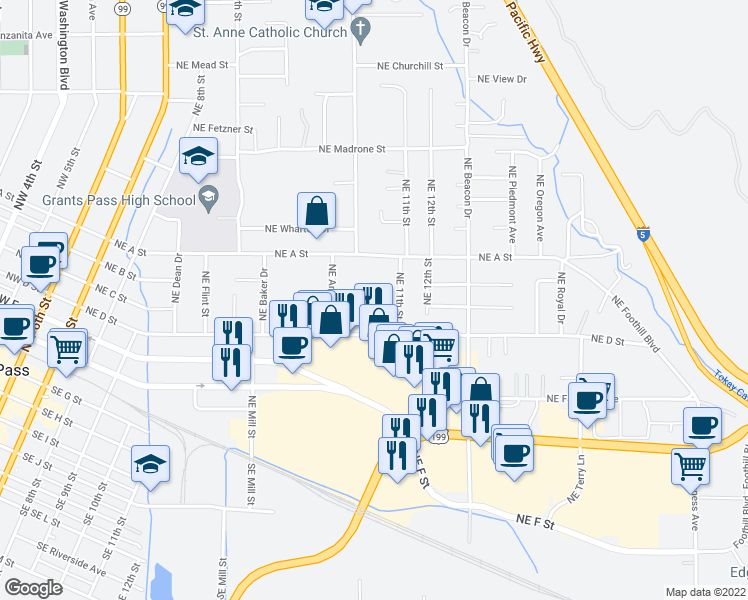 map of restaurants, bars, coffee shops, grocery stores, and more near 444 Northeast Silverwood Place in Grants Pass