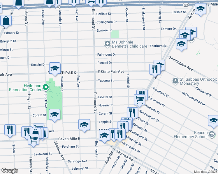 map of restaurants, bars, coffee shops, grocery stores, and more near 16097 Manning Street in Detroit