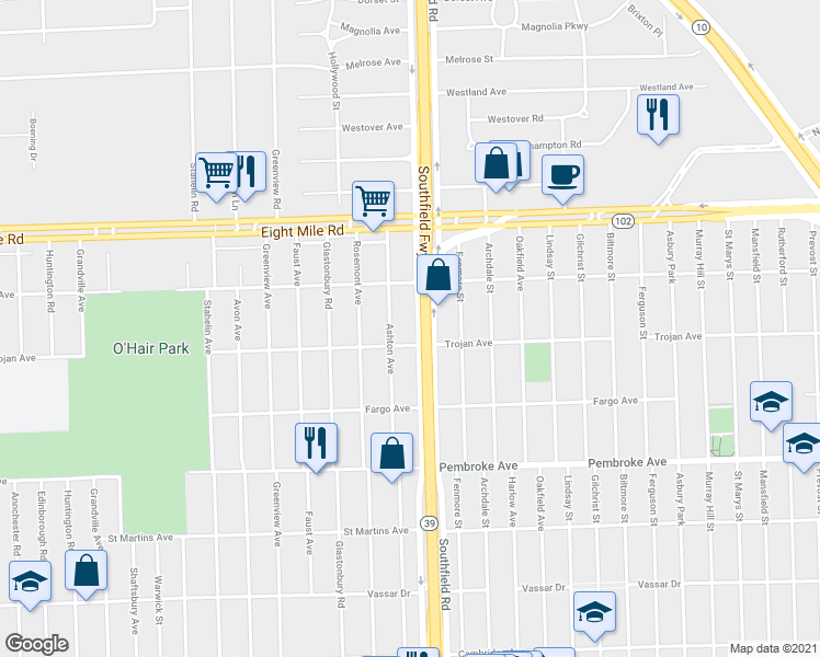 map of restaurants, bars, coffee shops, grocery stores, and more near 20201 Southfield Freeway in Detroit