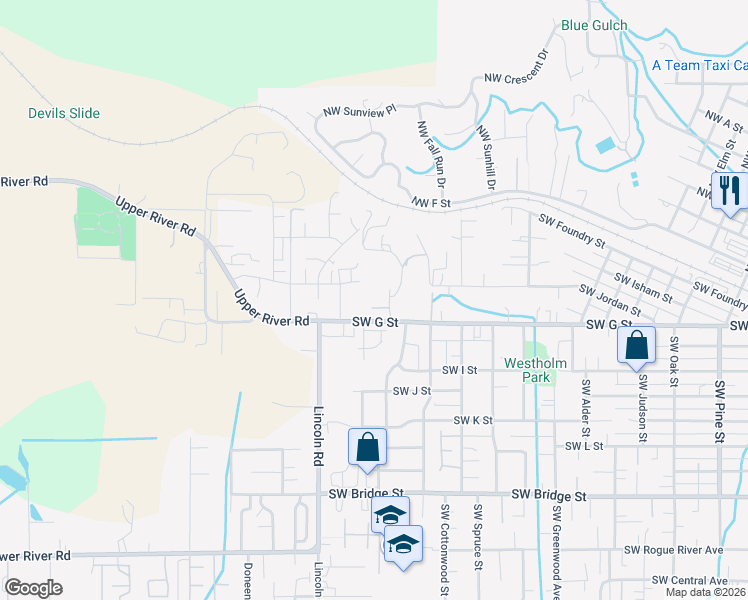 map of restaurants, bars, coffee shops, grocery stores, and more near 1924 Southwest Kurtz Lane in Grants Pass
