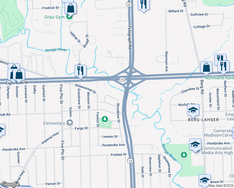 map of restaurants, bars, coffee shops, grocery stores, and more near 20510 Woodbine Street in Detroit