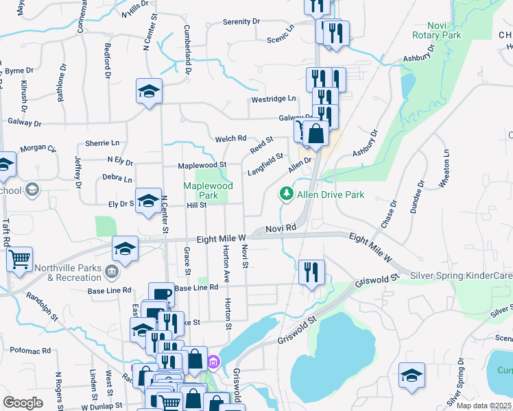map of restaurants, bars, coffee shops, grocery stores, and more near 867 Allen Drive in Northville