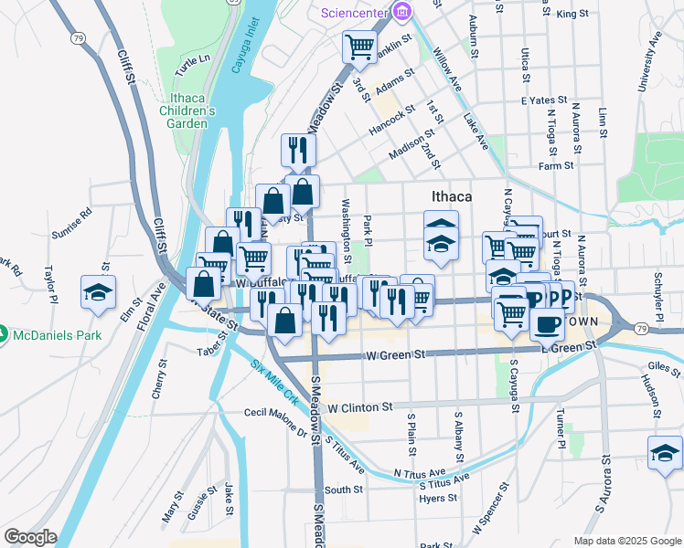 map of restaurants, bars, coffee shops, grocery stores, and more near 102 Washington Street in Ithaca