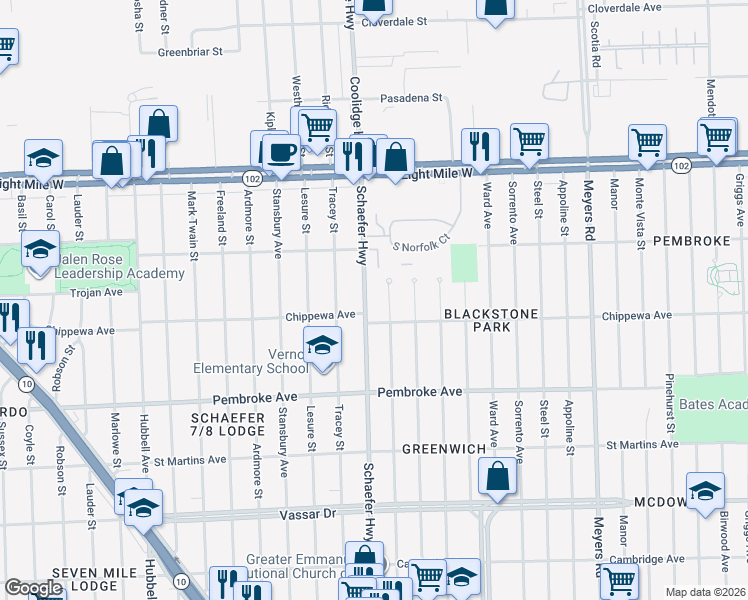 map of restaurants, bars, coffee shops, grocery stores, and more near 20115 Schaefer Highway in Detroit