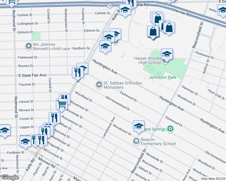 map of restaurants, bars, coffee shops, grocery stores, and more near 18920 Eastwood Drive in Harper Woods